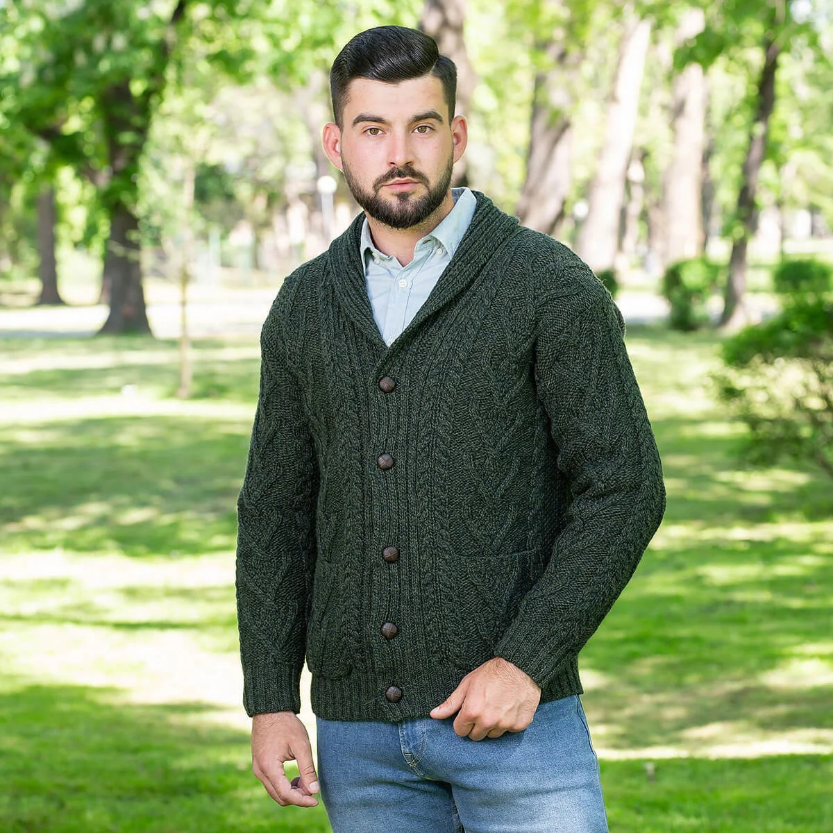 Men’s Aran Cable Shawl Collar Cardigan – 100% Merino Wool Irish Knit - Image 9 | Lily's Pad Studio