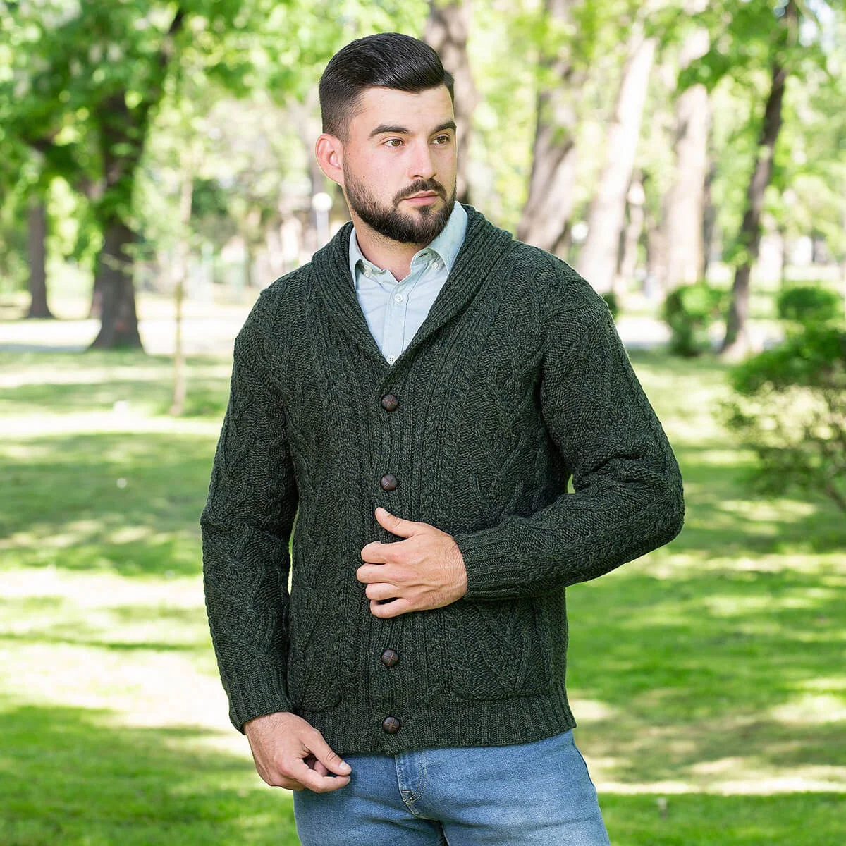 Men’s Aran Cable Shawl Collar Cardigan – 100% Merino Wool Irish Knit - Image 11 | Lily's Pad Studio