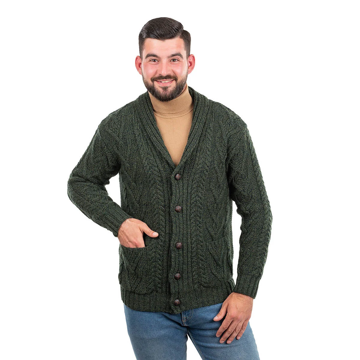 Men’s Aran Cable Shawl Collar Cardigan – 100% Merino Wool Irish Knit - Image 12 | Lily's Pad Studio