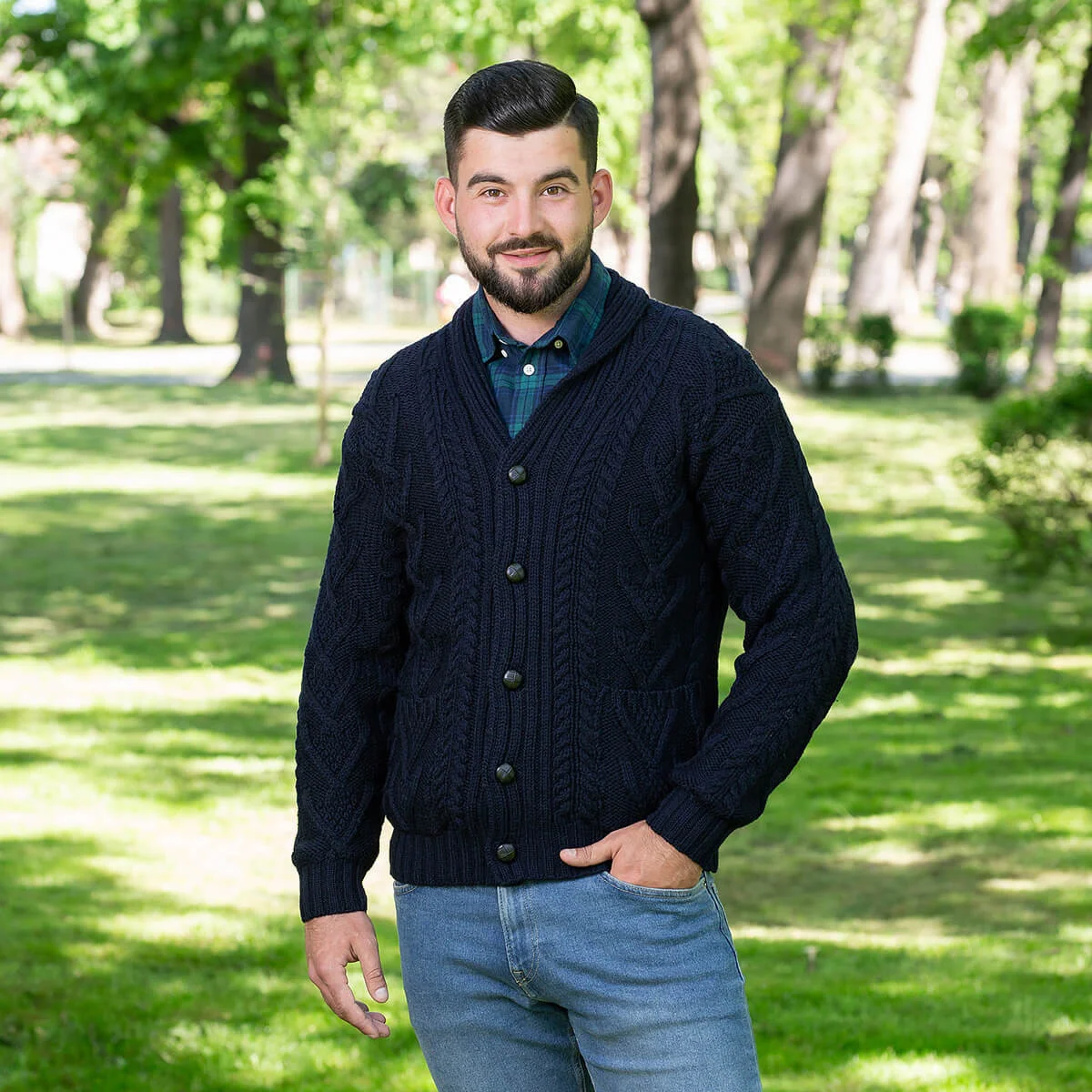 Men’s Aran Cable Shawl Collar Cardigan – 100% Merino Wool Irish Knit - Image 13 | Lily's Pad Studio