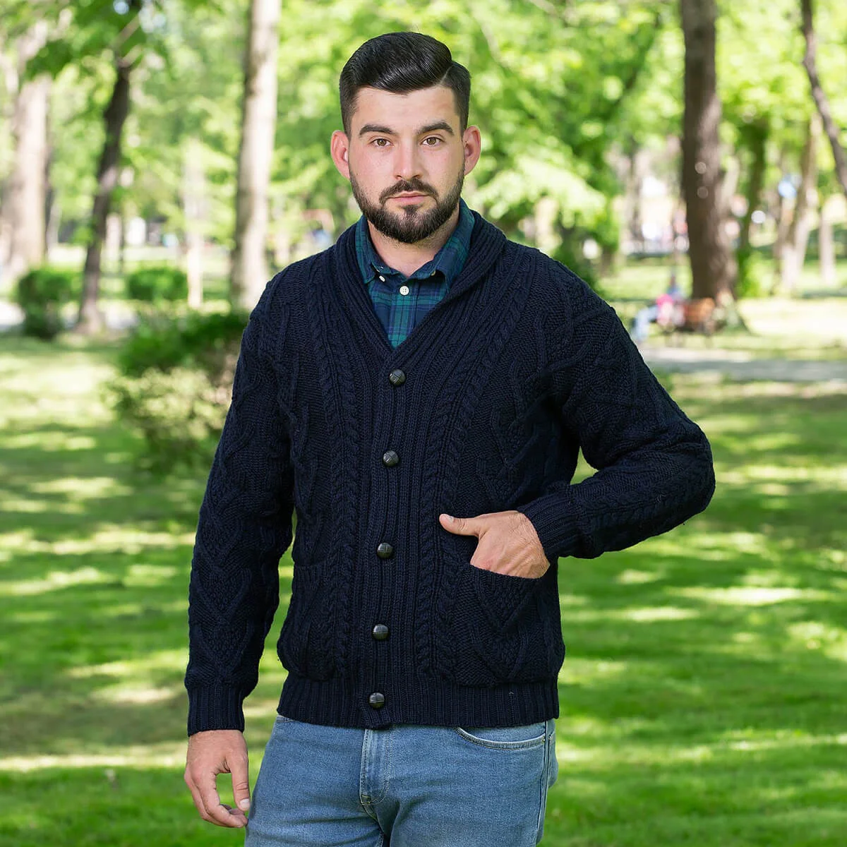 Men’s Aran Cable Shawl Collar Cardigan – 100% Merino Wool Irish Knit - Image 14 | Lily's Pad Studio