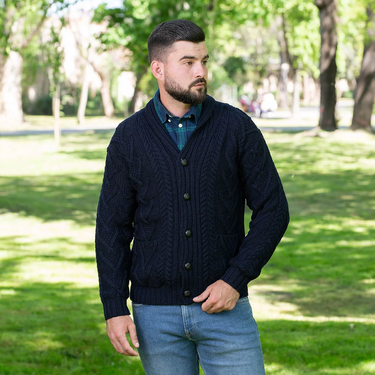 Men’s Aran Cable Shawl Collar Cardigan – 100% Merino Wool Irish Knit - Image 15 | Lily's Pad Studio
