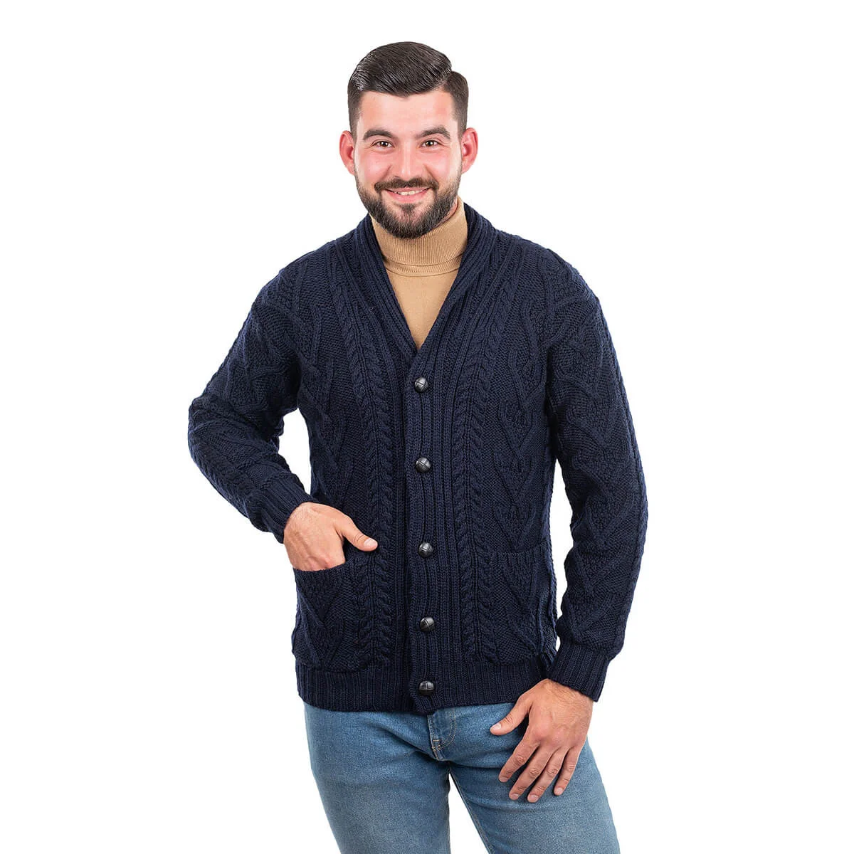 Men’s Aran Cable Shawl Collar Cardigan – 100% Merino Wool Irish Knit - Image 19 | Lily's Pad Studio