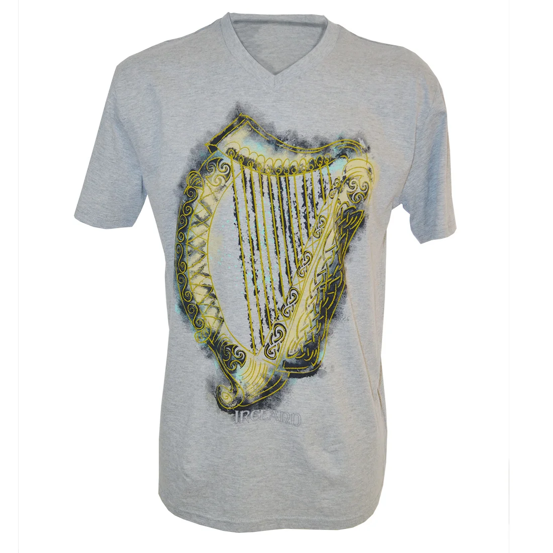 Men's Grey V-Neck Irish Harp Heritage T-Shirt - Image 4 | Lily's Pad Studio
