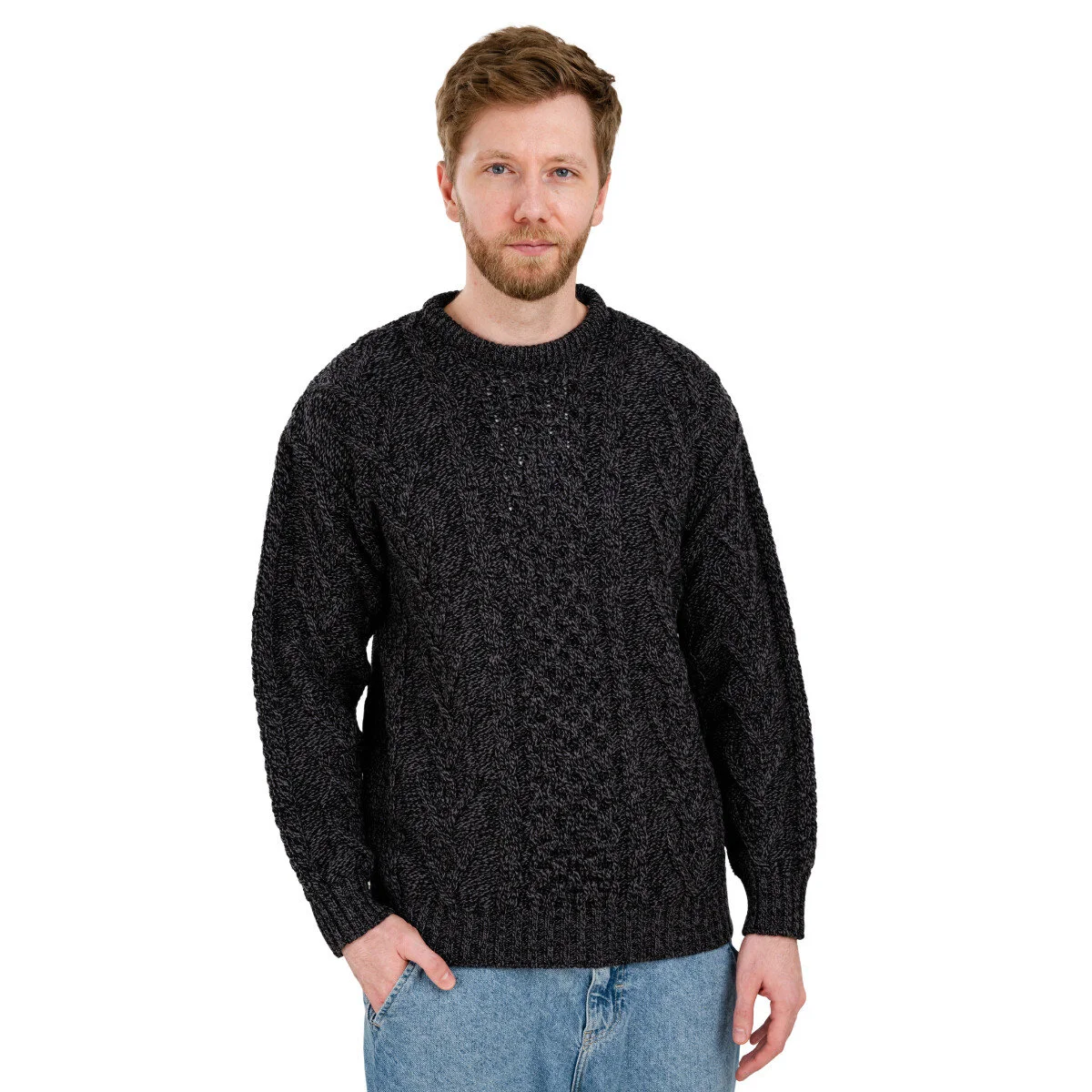 Men’s Merino Wool Aran Sweater – Classic Irish Cable Knit Crew Neck Jumper - Image 2 | Lily's Pad Studio