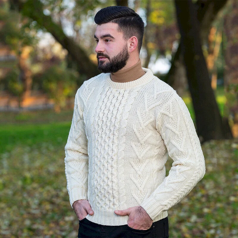 Men’s Merino Wool Aran Sweater – Classic Irish Cable Knit Crew Neck Jumper - Image 3 | Lily's Pad Studio