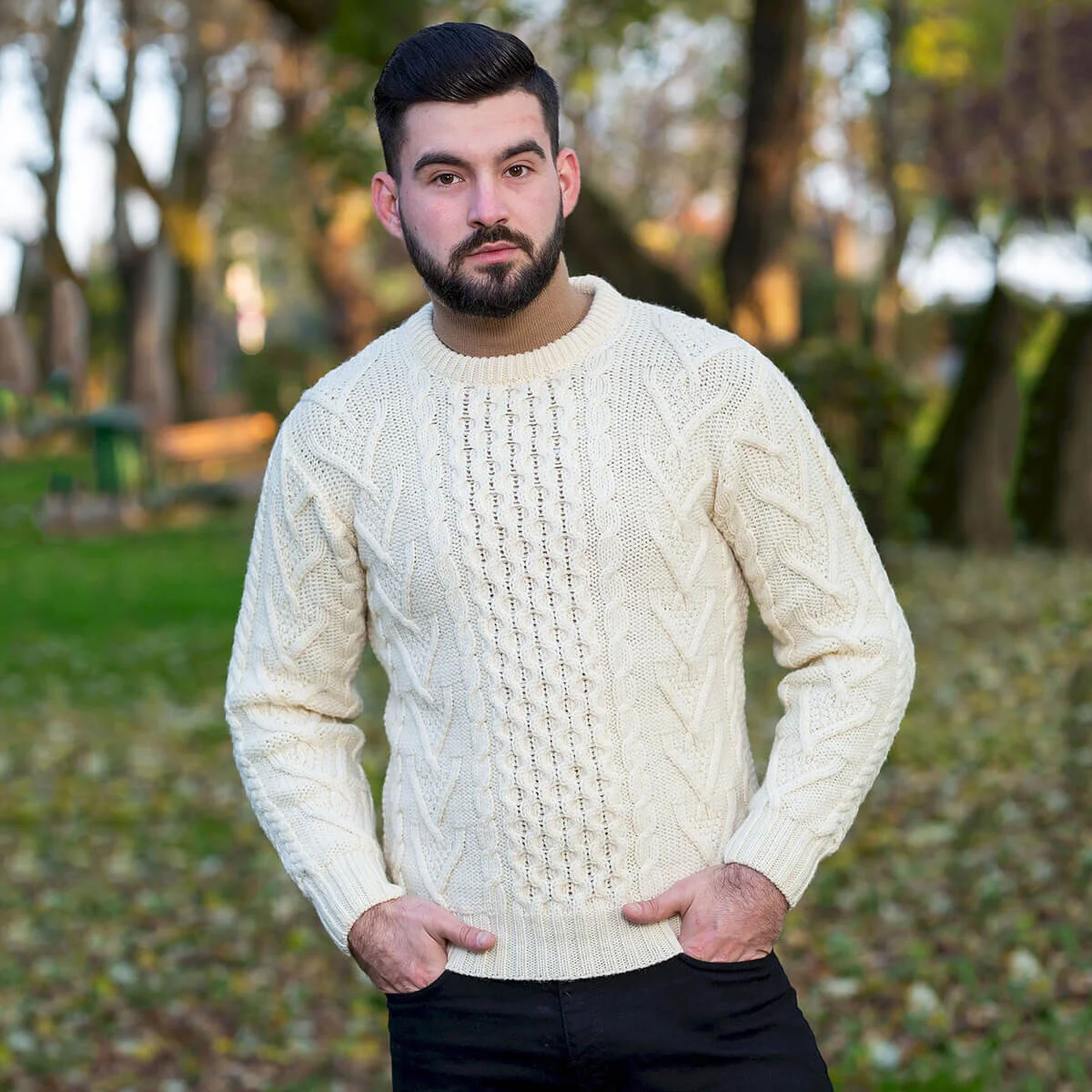 Men’s Merino Wool Aran Sweater – Classic Irish Cable Knit Crew Neck Jumper - Image 4 | Lily's Pad Studio