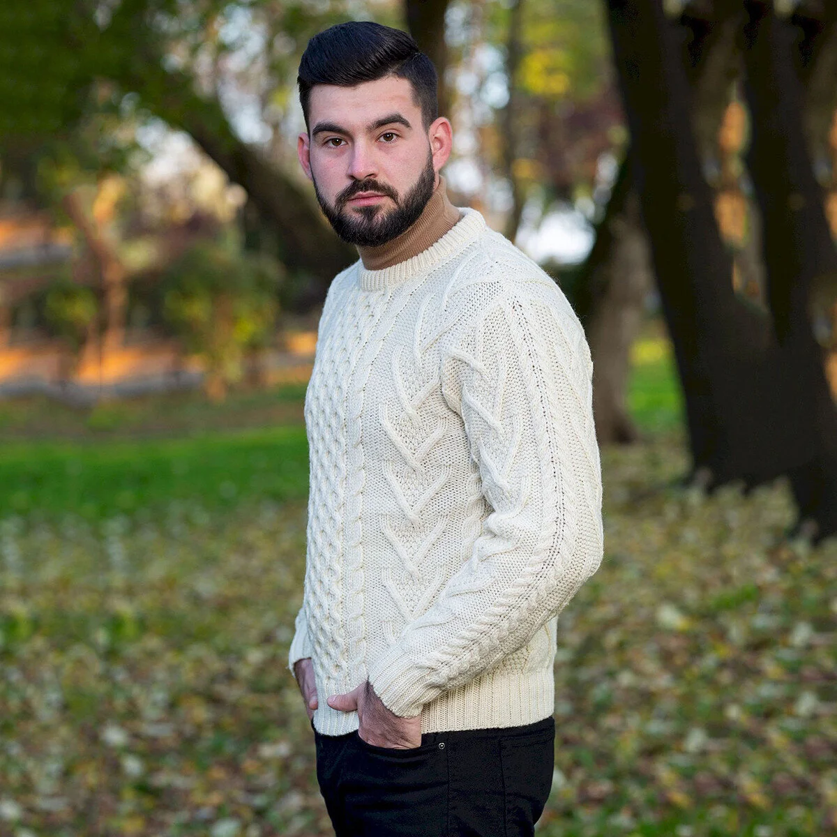 Men’s Merino Wool Aran Sweater – Classic Irish Cable Knit Crew Neck Jumper - Image 5 | Lily's Pad Studio