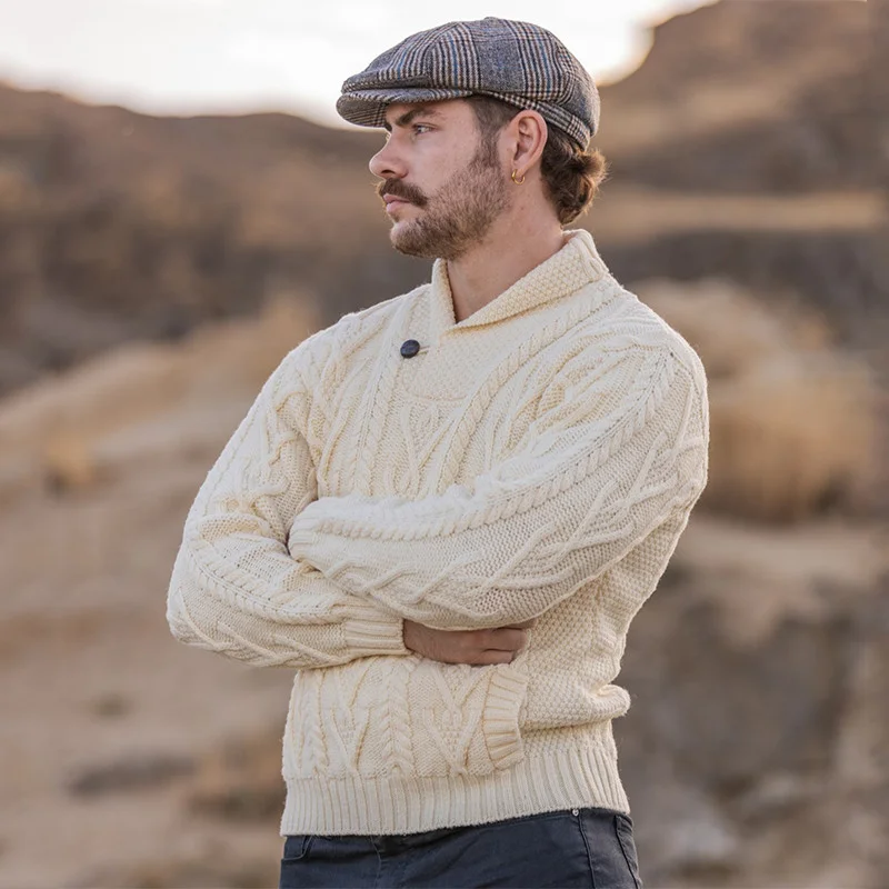 Men’s Merino Wool Shawl Collar Sweater – Single Button Irish Knit - Image 6 | Lily's Pad Studio