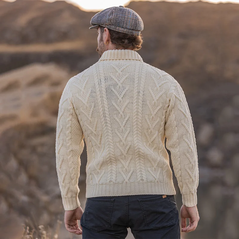 Men’s Merino Wool Shawl Collar Sweater – Single Button Irish Knit - Image 7 | Lily's Pad Studio