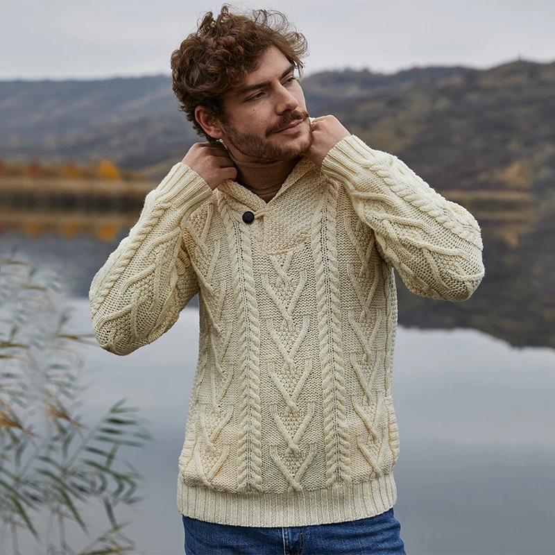 Men’s Merino Wool Shawl Collar Sweater – Single Button Irish Knit - Clothing | Lily's Pad Studio