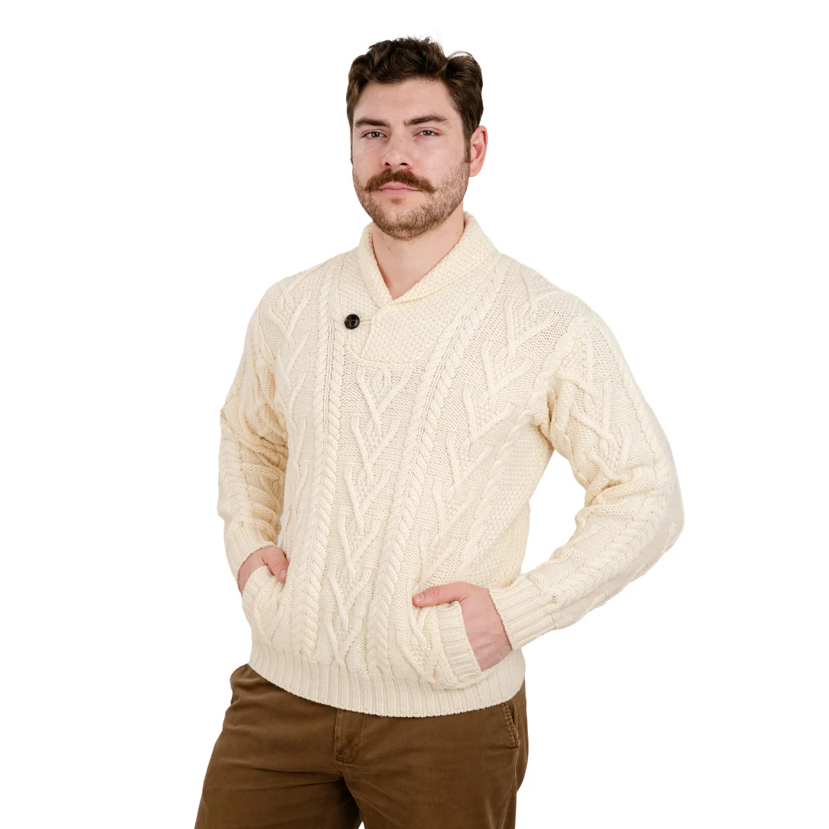 Men’s Merino Wool Shawl Collar Sweater – Single Button Irish Knit - Image 8 | Lily's Pad Studio