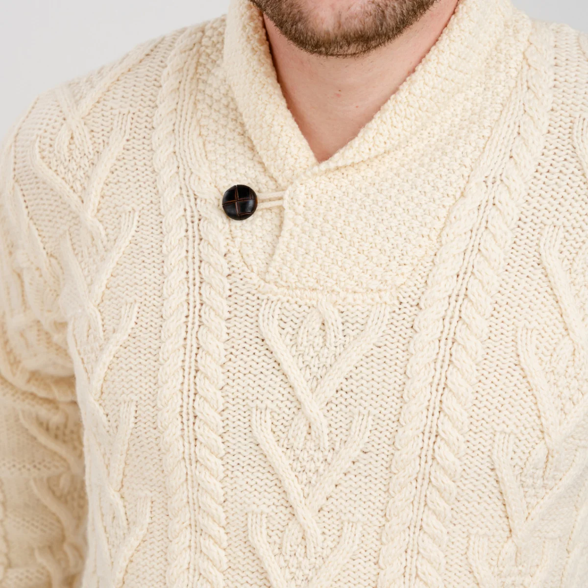 Men’s Merino Wool Shawl Collar Sweater – Single Button Irish Knit - Image 11 | Lily's Pad Studio