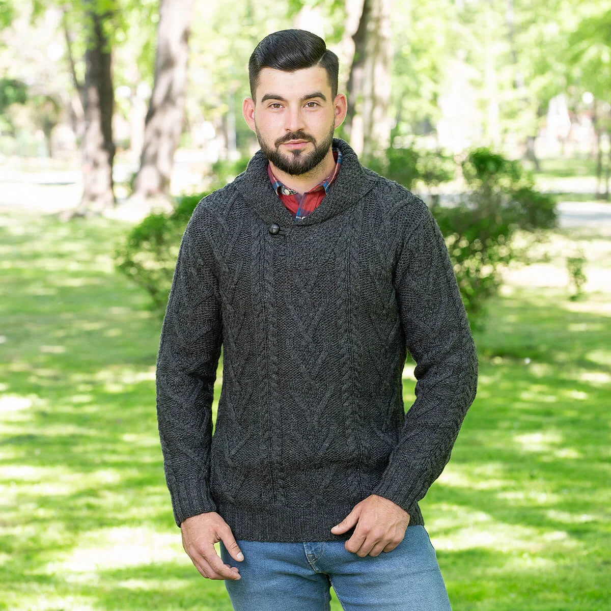 Men’s Merino Wool Shawl Collar Sweater – Single Button Irish Knit - Image 2 | Lily's Pad Studio