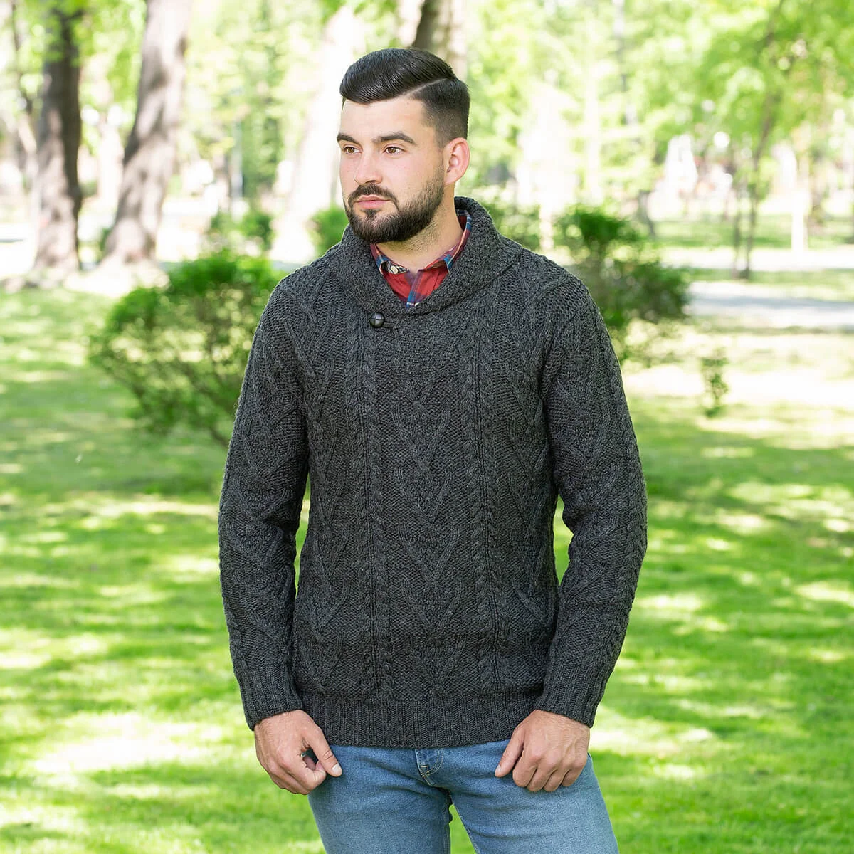 Men’s Merino Wool Shawl Collar Sweater – Single Button Irish Knit - Image 12 | Lily's Pad Studio