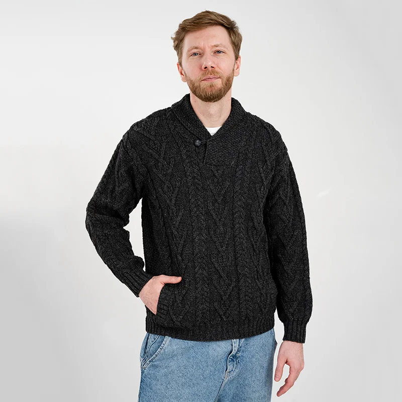 Men’s Merino Wool Shawl Collar Sweater – Single Button Irish Knit - Image 14 | Lily's Pad Studio