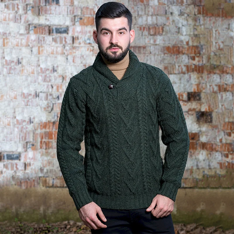 Men’s Merino Wool Shawl Collar Sweater – Single Button Irish Knit - Image 3 | Lily's Pad Studio