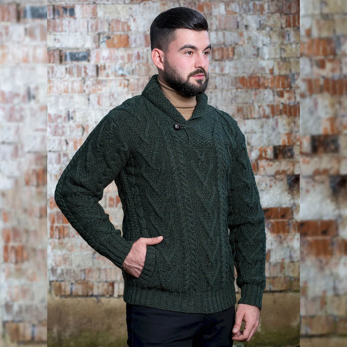 Men’s Merino Wool Shawl Collar Sweater – Single Button Irish Knit - Image 17 | Lily's Pad Studio