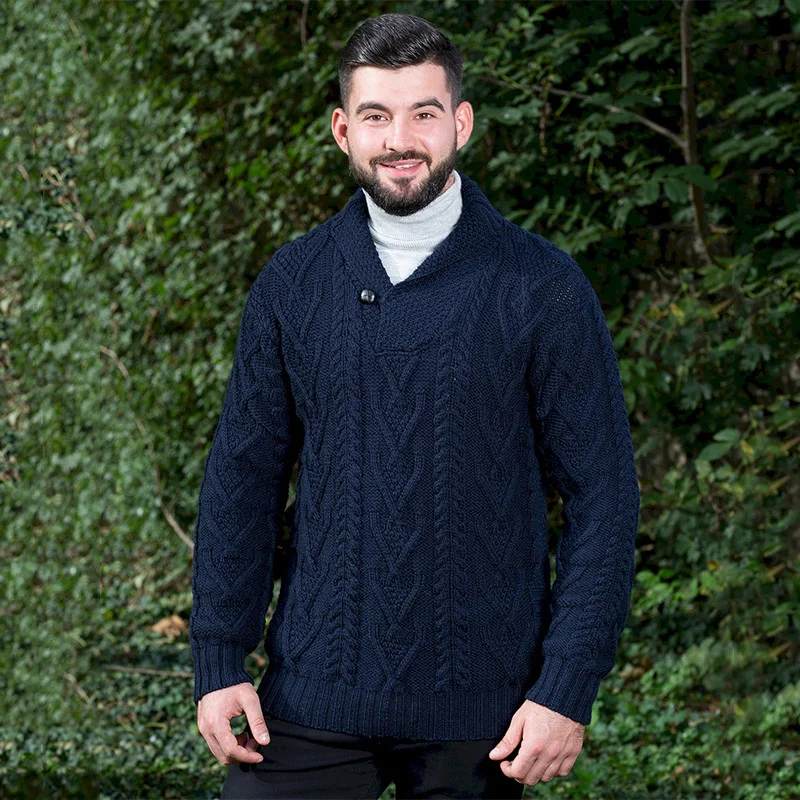 Men’s Merino Wool Shawl Collar Sweater – Single Button Irish Knit - Image 4 | Lily's Pad Studio