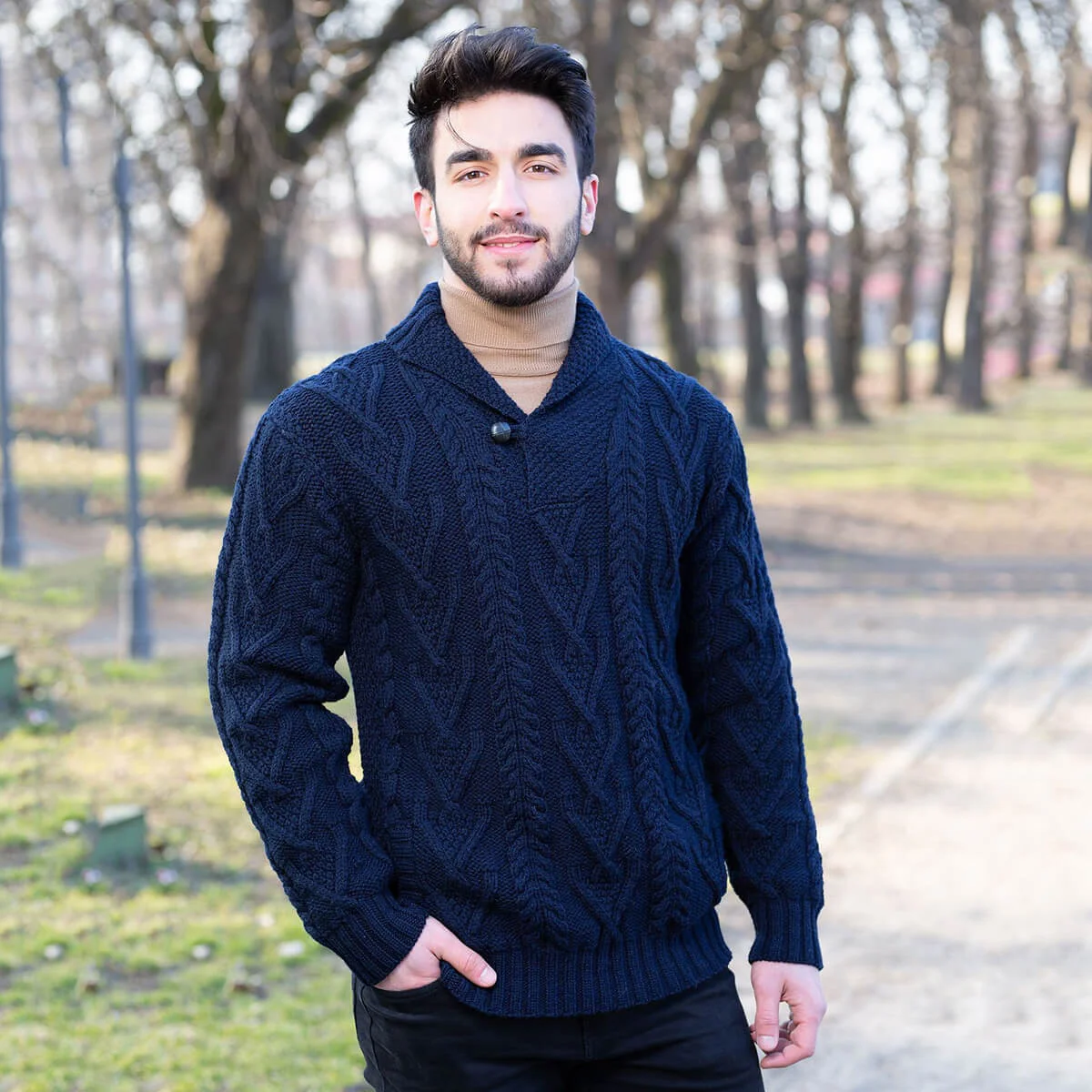 Men’s Merino Wool Shawl Collar Sweater – Single Button Irish Knit - Image 19 | Lily's Pad Studio