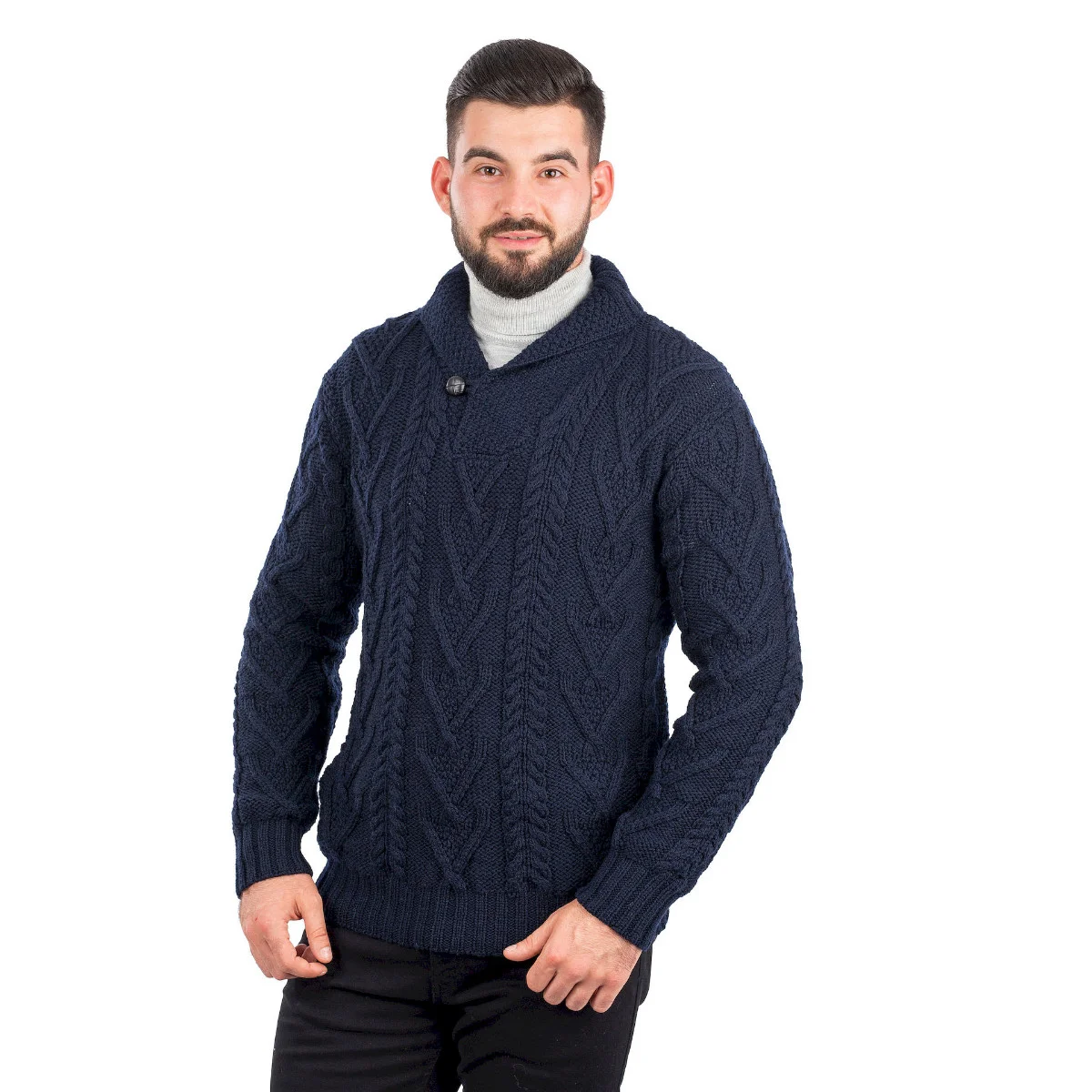 Men’s Merino Wool Shawl Collar Sweater – Single Button Irish Knit - Image 27 | Lily's Pad Studio