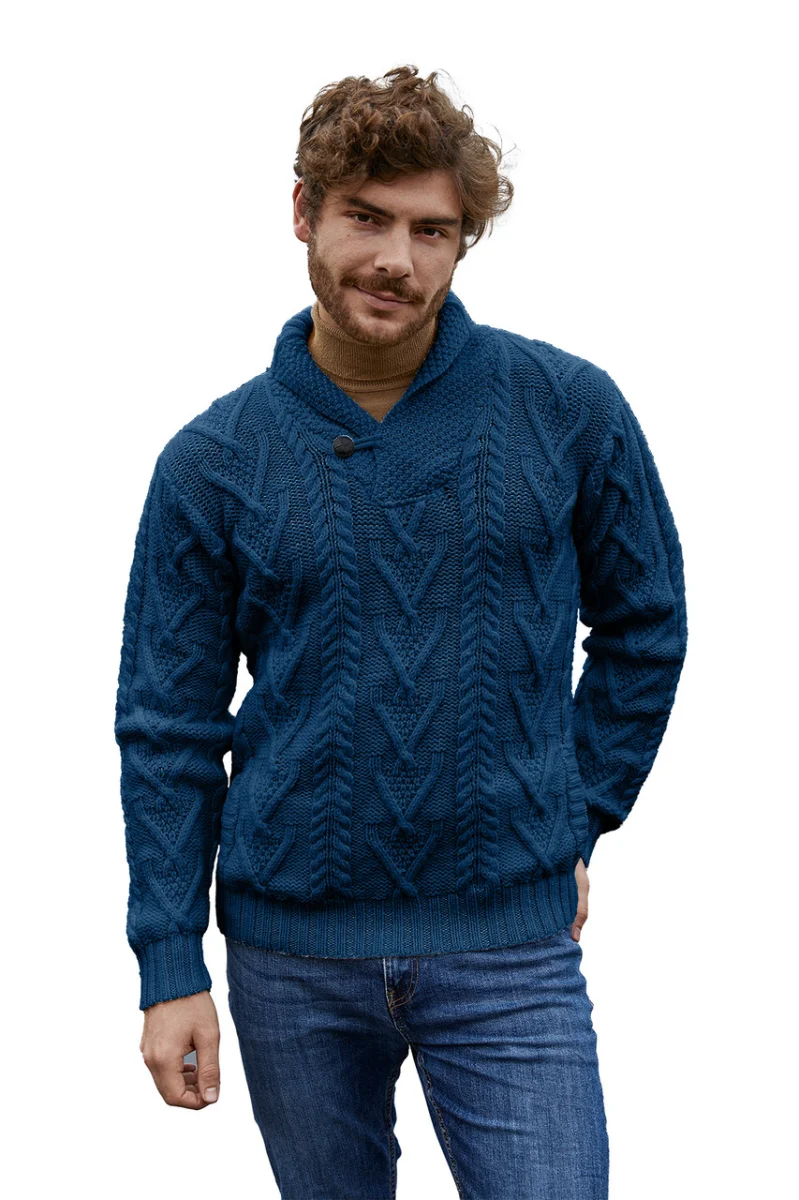 Men’s Merino Wool Shawl Collar Sweater – Single Button Irish Knit - Image 5 | Lily's Pad Studio