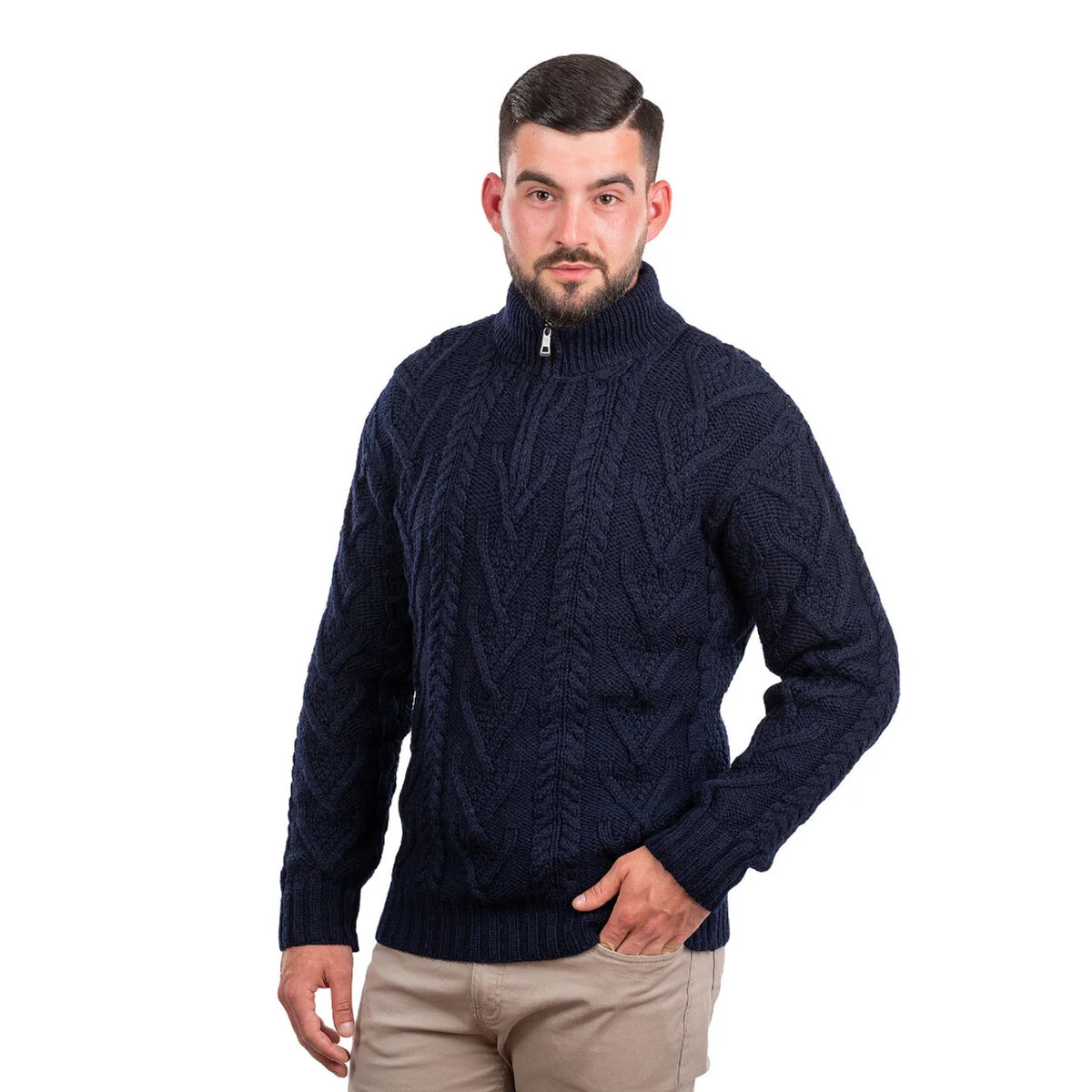 Merino Wool Aran Knit Men's Zip Sweater - Image 12 | Lily's Pad Studio