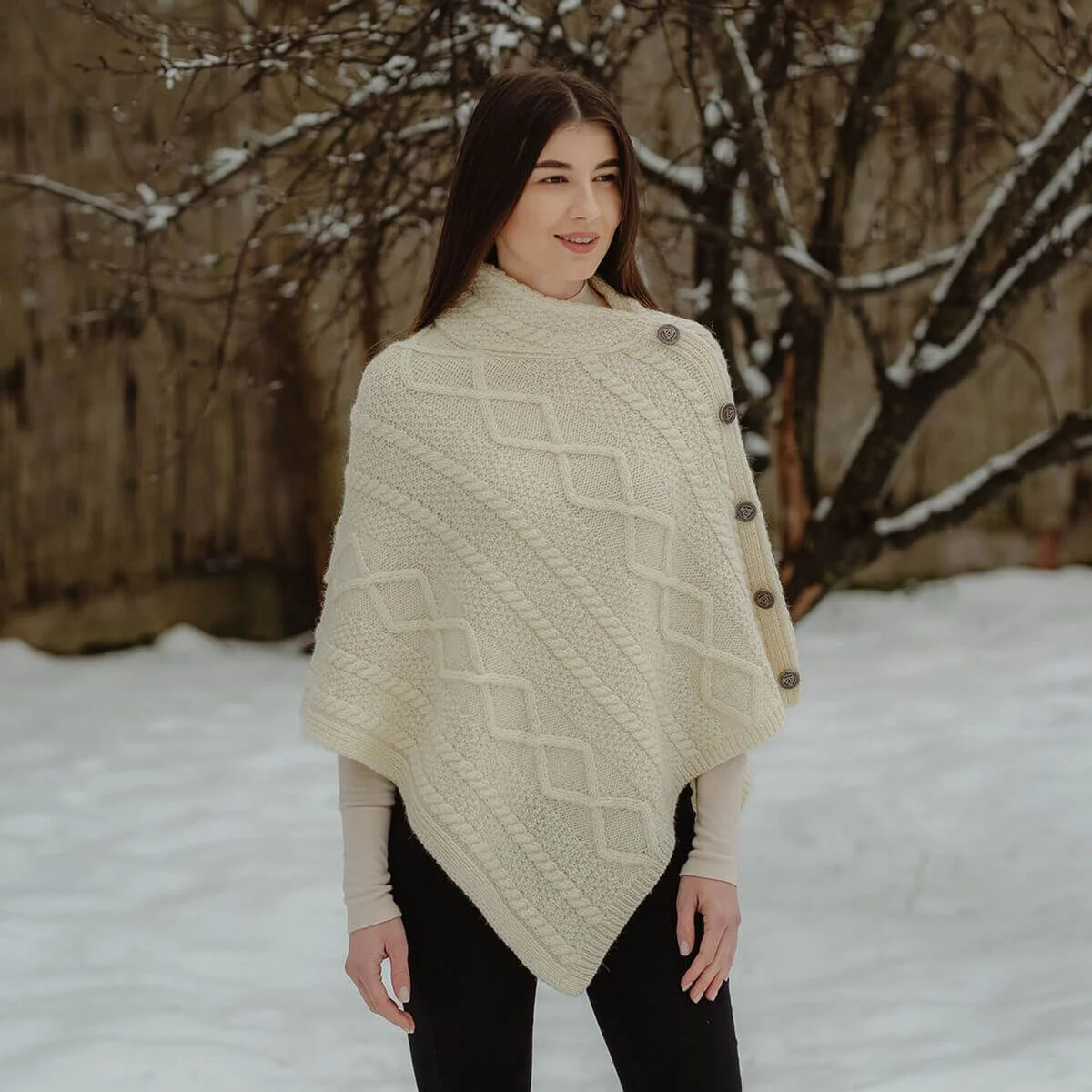 Merino Wool Cable Stitch Cowl Neck Poncho | Celtic Buttoned Irish Wrap - Image 3 | Lily's Pad Studio