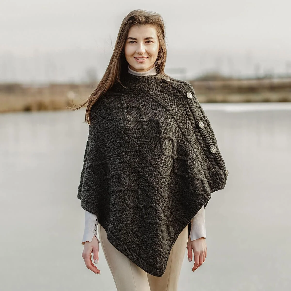 Merino Wool Cable Stitch Cowl Neck Poncho | Celtic Buttoned Irish Wrap - Image 4 | Lily's Pad Studio