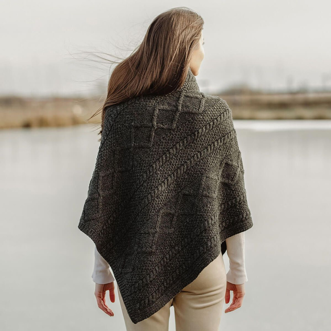 Merino Wool Cable Stitch Cowl Neck Poncho | Celtic Buttoned Irish Wrap