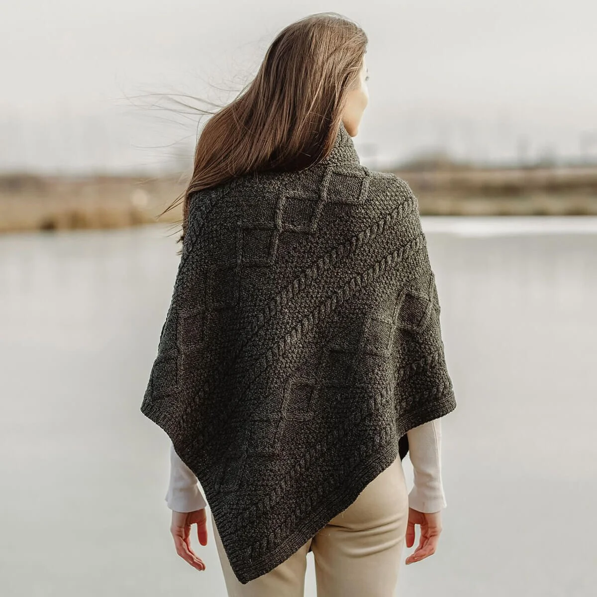 Merino Wool Cable Stitch Cowl Neck Poncho | Celtic Buttoned Irish Wrap - Image 5 | Lily's Pad Studio