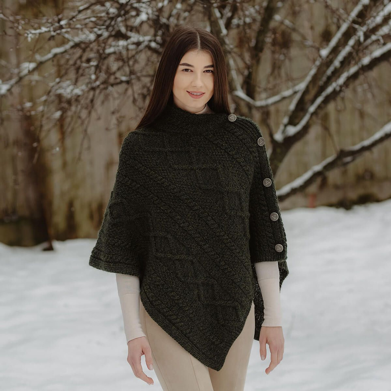 Merino Wool Cable Stitch Cowl Neck Poncho | Celtic Buttoned Irish Wrap