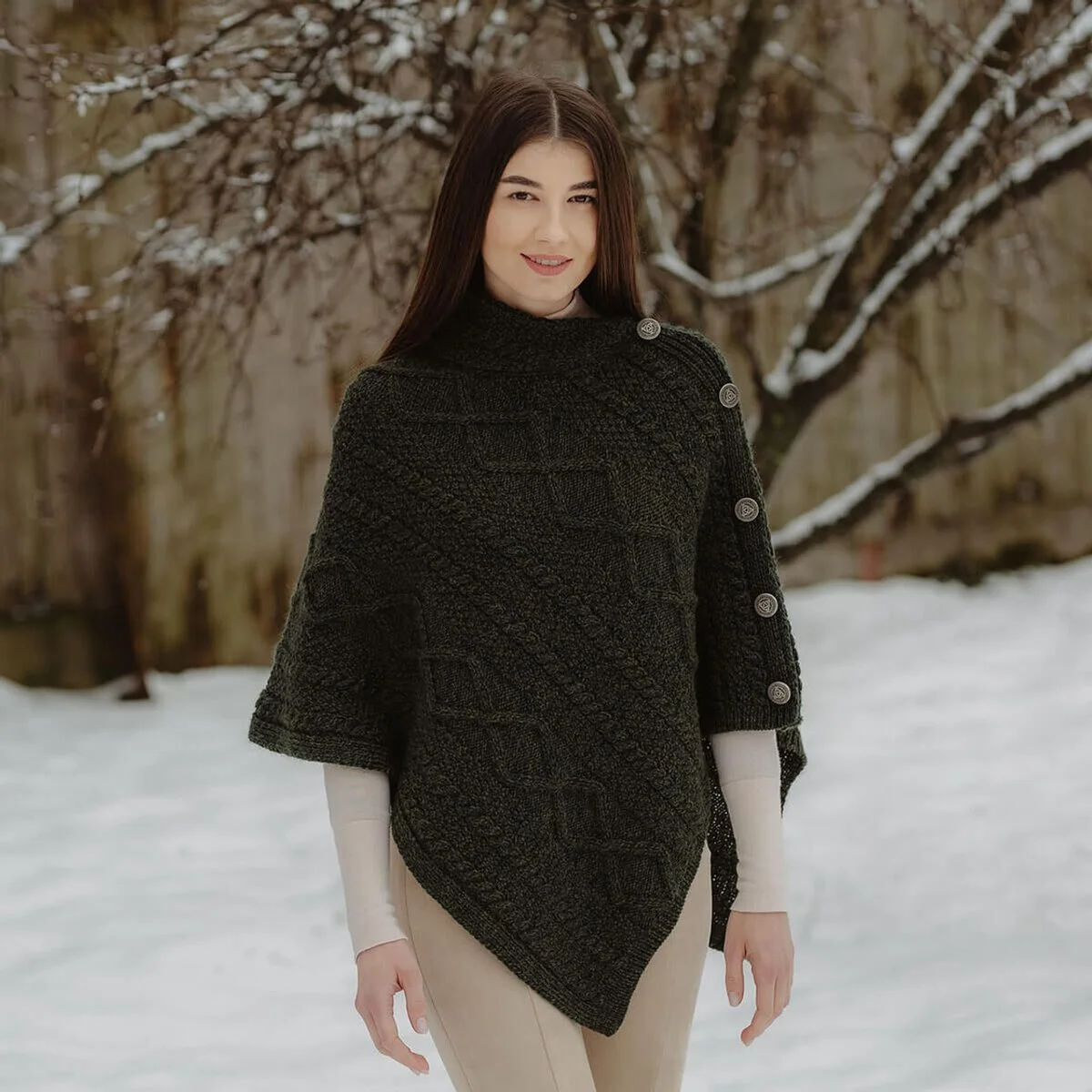 Merino Wool Cable Stitch Cowl Neck Poncho | Celtic Buttoned Irish Wrap - Image 6 | Lily's Pad Studio