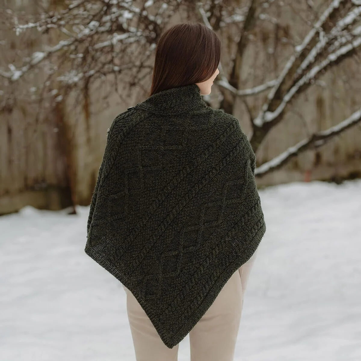 Merino Wool Cable Stitch Cowl Neck Poncho | Celtic Buttoned Irish Wrap - Image 7 | Lily's Pad Studio