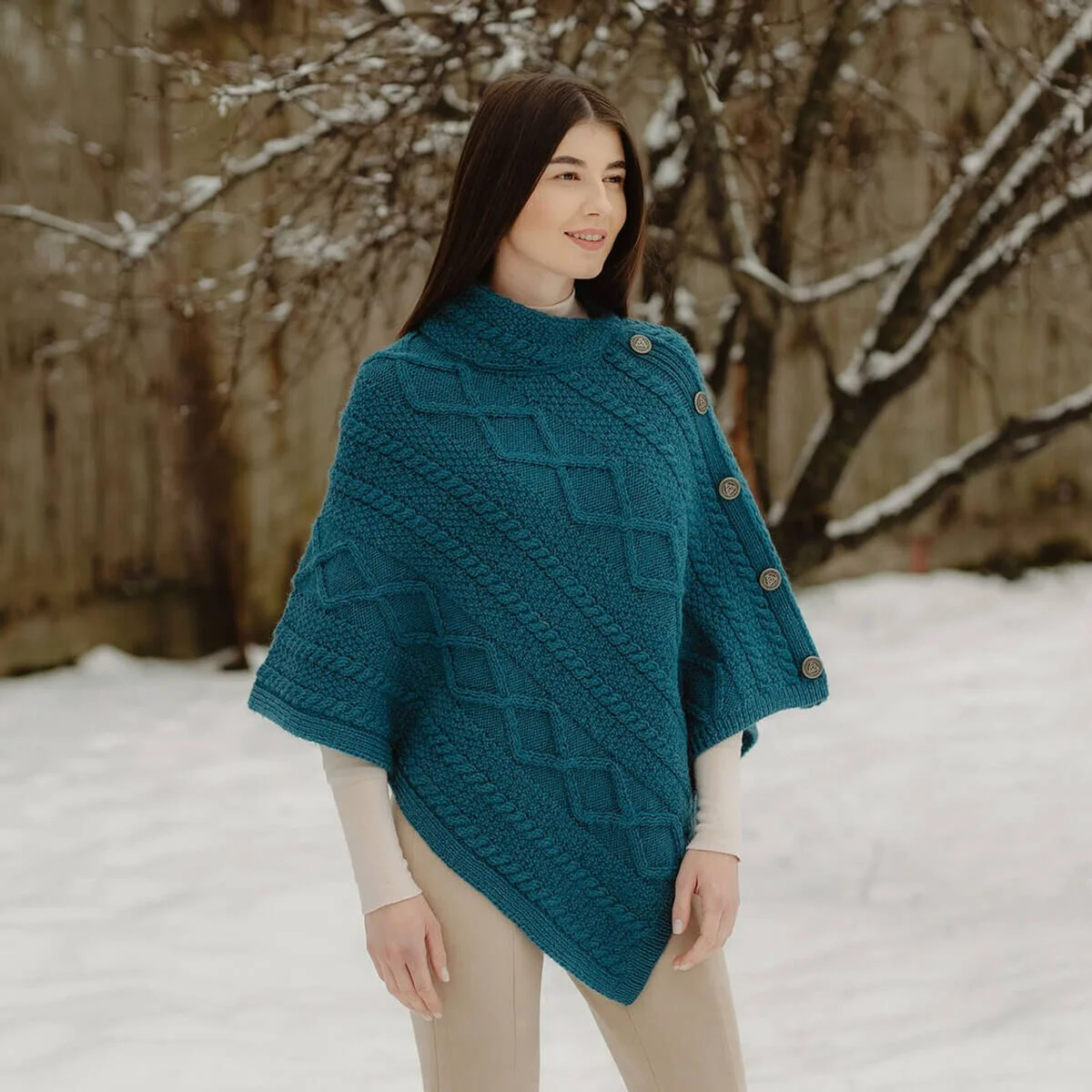 Merino Wool Cable Stitch Cowl Neck Poncho | Celtic Buttoned Irish Wrap - Image 8 | Lily's Pad Studio