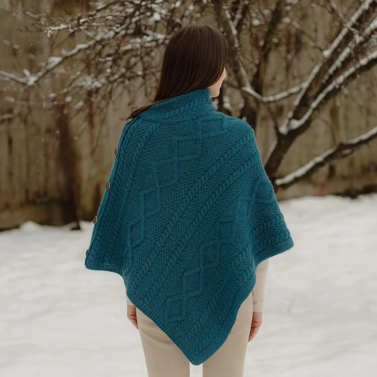 Merino Wool Cable Stitch Cowl Neck Poncho | Celtic Buttoned Irish Wrap - Image 9 | Lily's Pad Studio