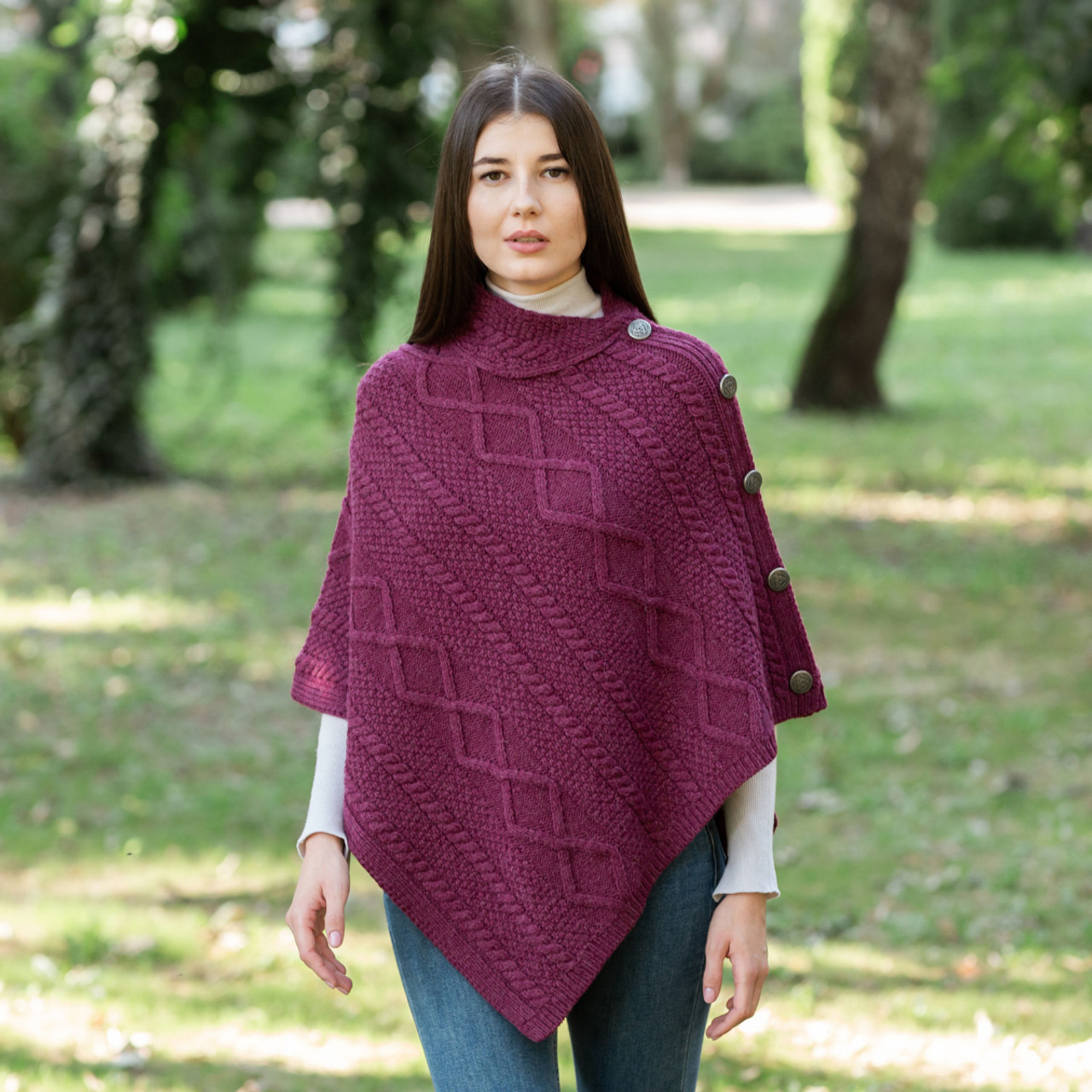 Merino Wool Cable Stitch Cowl Neck Poncho | Celtic Buttoned Irish Wrap