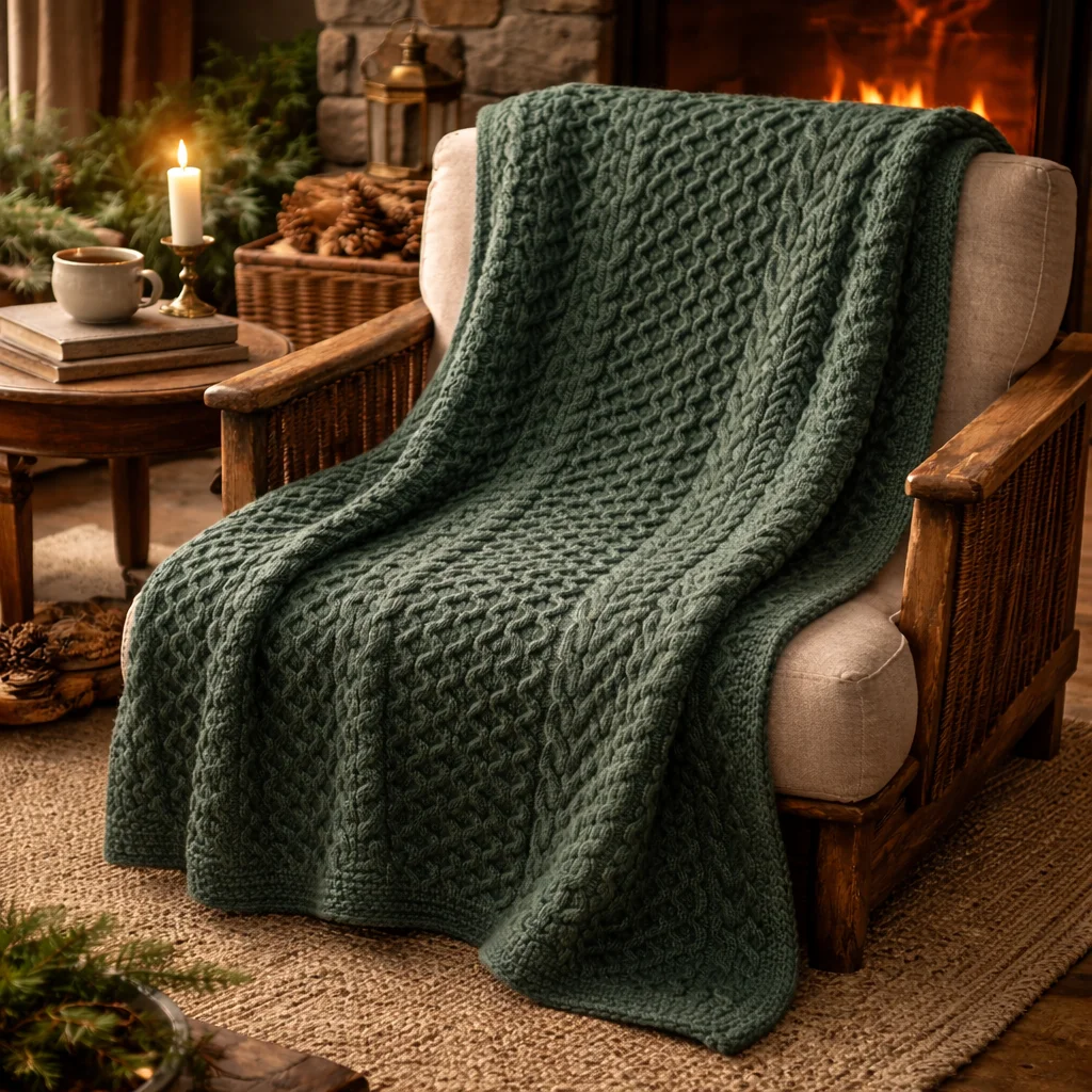 Merino Wool Heavy Cable Knit Throw Blanket | Cozy Irish Knit Wool Throw | Luxury Winter Home Decor | Lily's Pad Studio