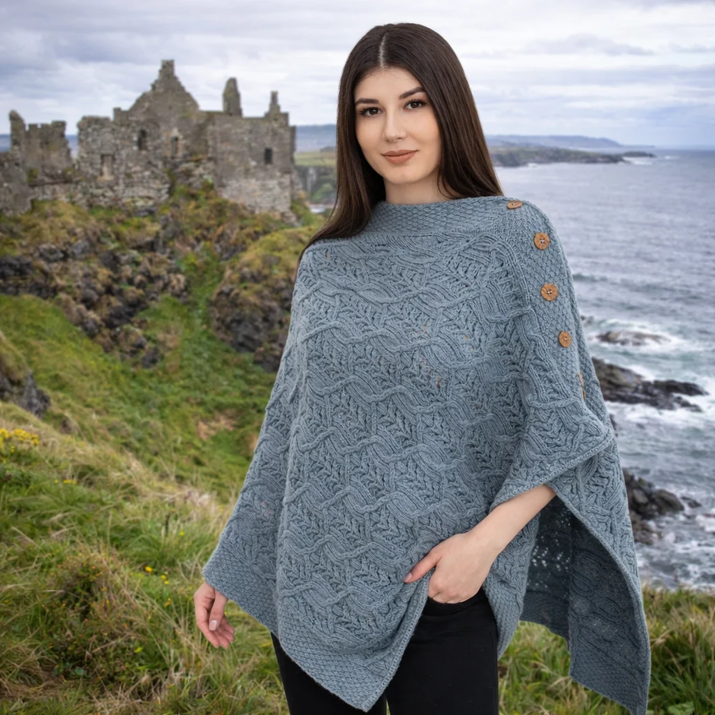Merino Wool Ladies’ Poncho with Buttons – 100% Irish Merino Knit - Irish Gifts | Lily's Pad Studio