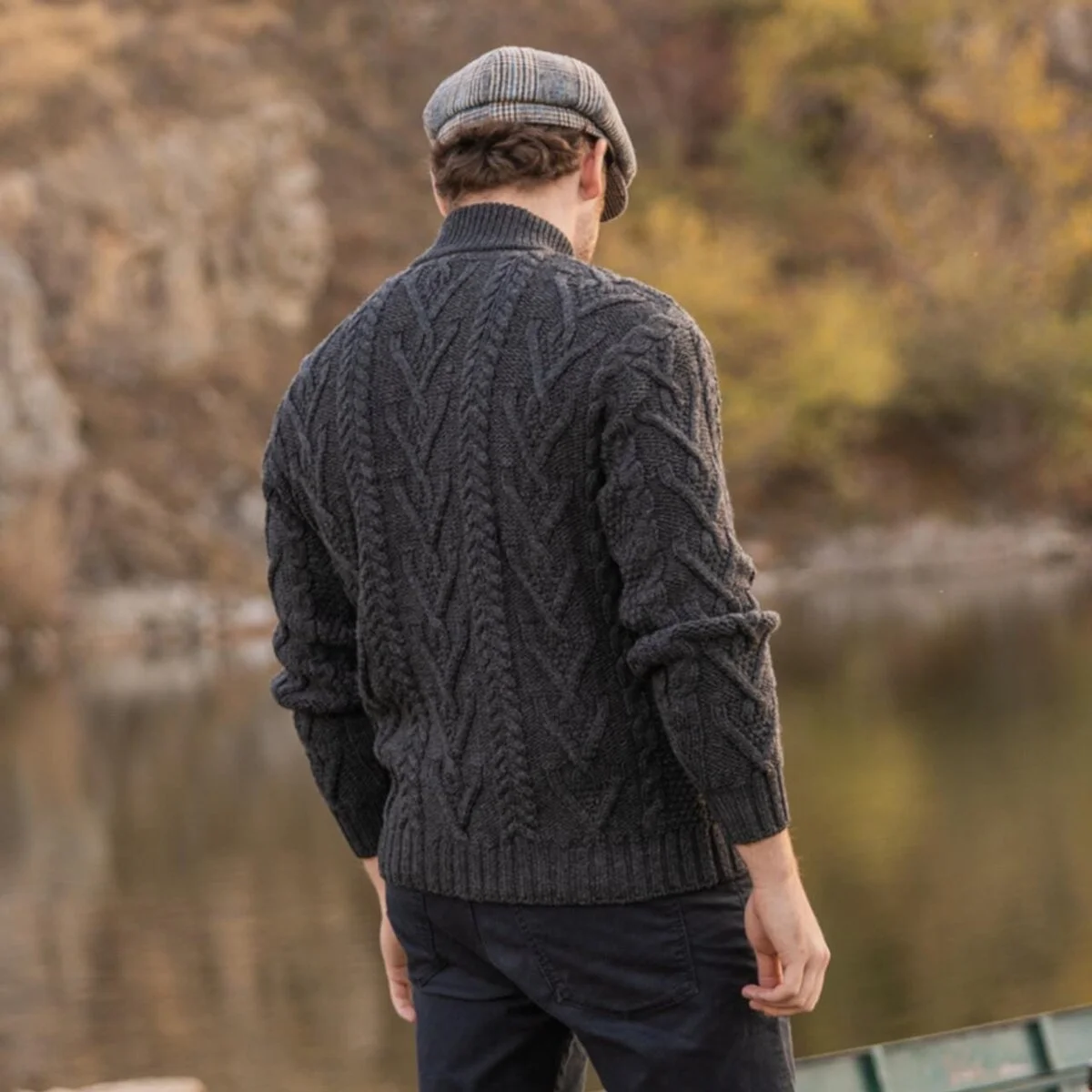 Merino Wool Aran Knit Men's Zip Sweater - Image 3 | Lily's Pad Studio