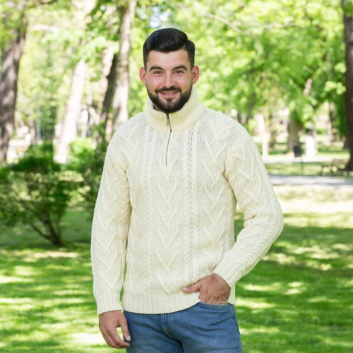 Merino Wool Aran Knit Men's Zip Sweater - Image 5 | Lily's Pad Studio