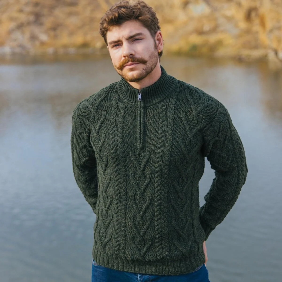 Merino Wool Aran Knit Men's Zip Sweater - Image 6 | Lily's Pad Studio