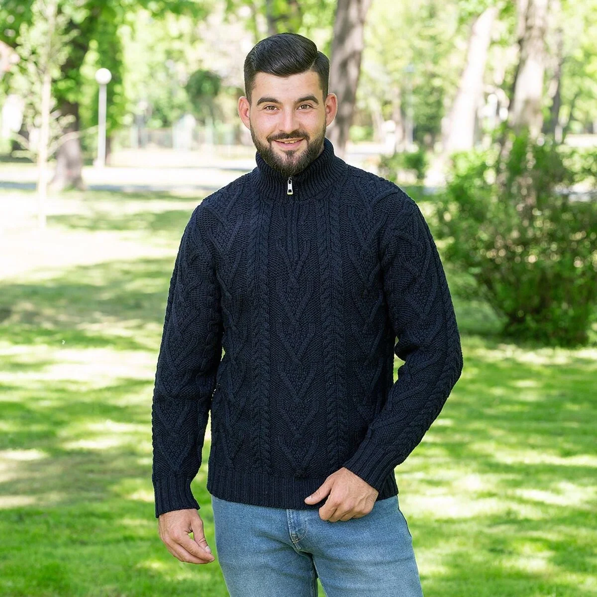Merino Wool Aran Knit Men's Zip Sweater - Image 7 | Lily's Pad Studio