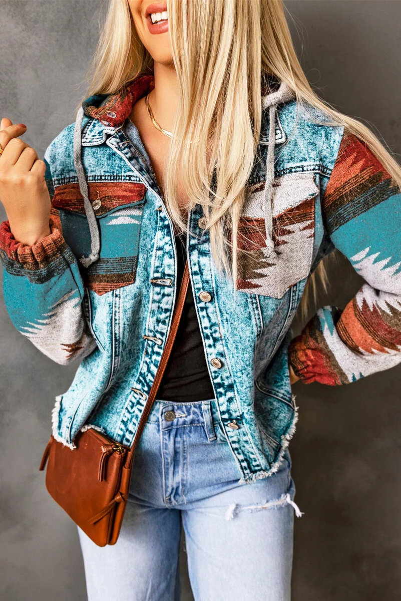 Multicolor Aztec Print Frayed Hem Denim Jacket - Image 4 | Lily's Pad Studio
