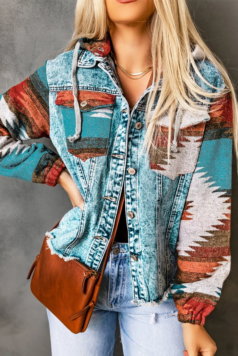Multicolor Aztec Print Frayed Hem Denim Jacket - Image 5 | Lily's Pad Studio