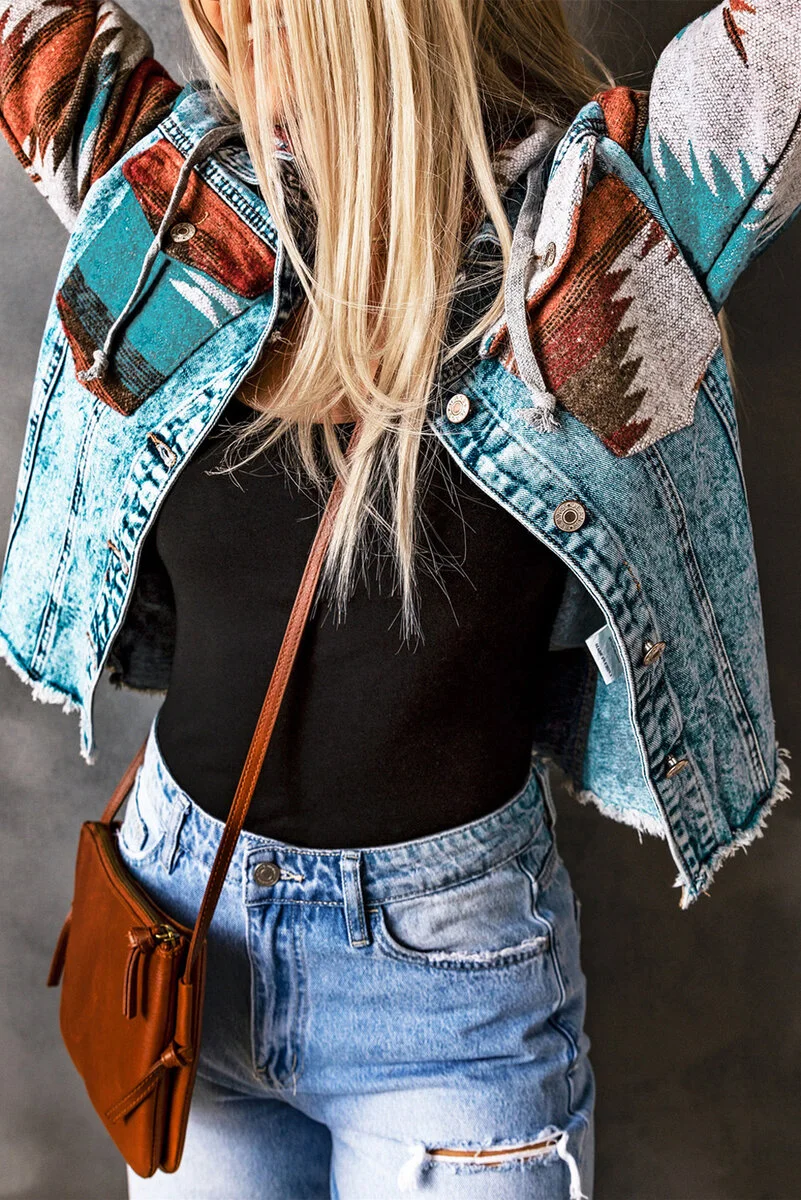 Multicolor Aztec Print Frayed Hem Denim Jacket - Image 7 | Lily's Pad Studio