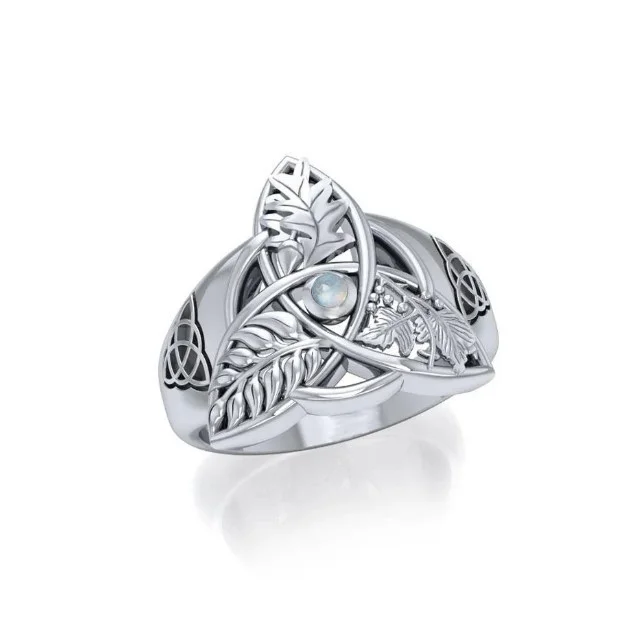 Oak, Ash & Thorn Trinity Knot Silver Ring with Rainbow Moonstone - Image 2 | Lily's Pad Studio