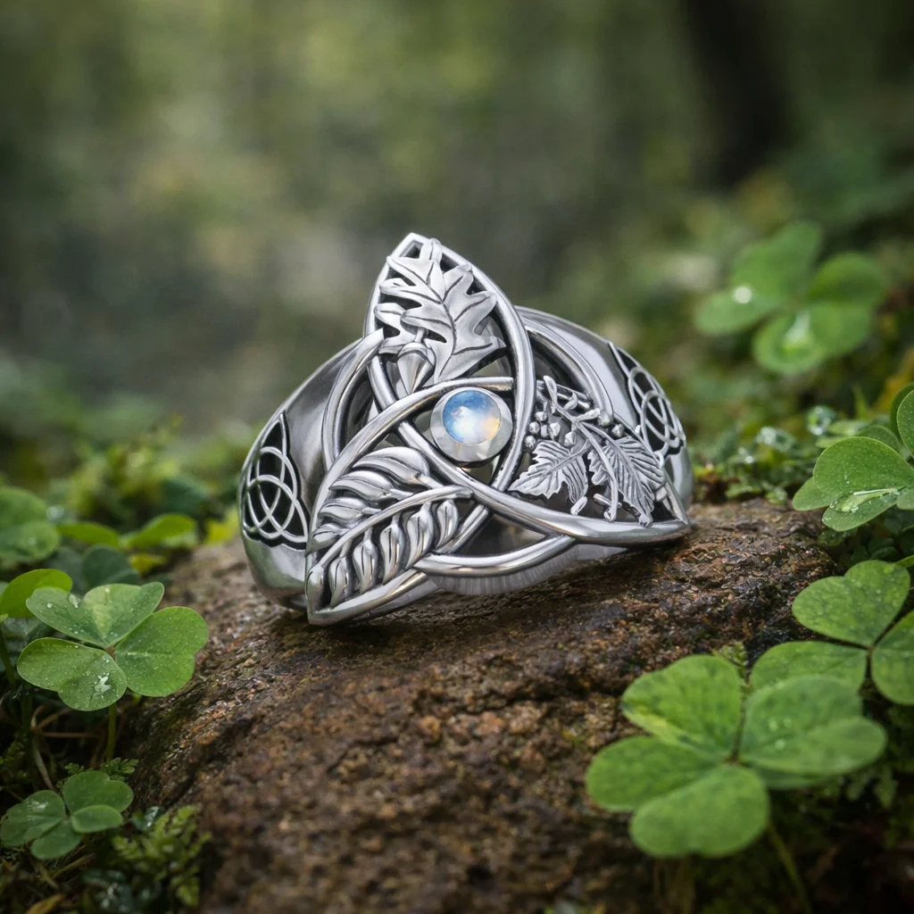 Oak, Ash & Thorn Trinity Knot Silver Ring with Rainbow Moonstone | Lily's Pad Studio