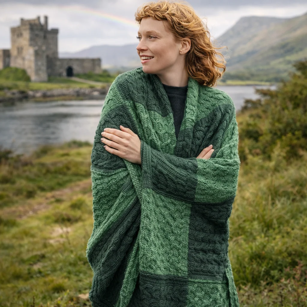 Patchwork Intarsia Wool Blanket – 100% Merino Irish Knit Throw - Image 2 | Lily's Pad Studio