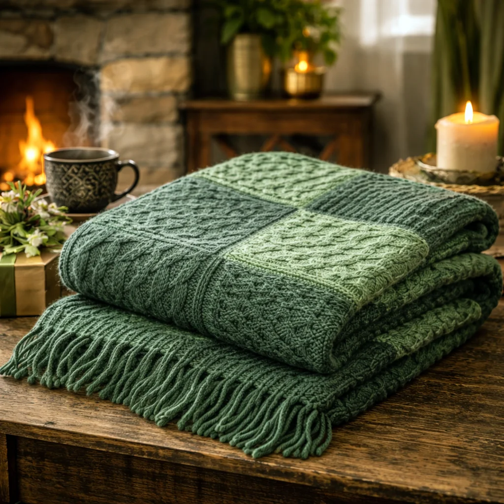 Patchwork Intarsia Wool Blanket – 100% Merino Irish Knit Throw - Image 3 | Lily's Pad Studio